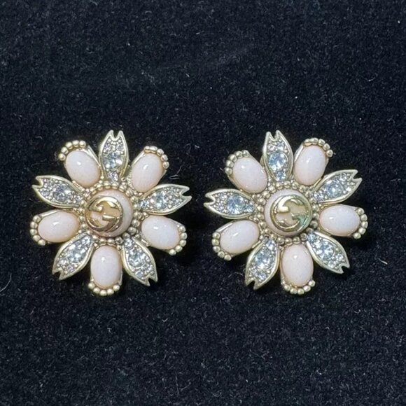 Gucci Earrings Pink Crystal Floral Antique Gold Tone Finish